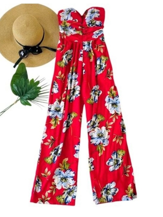 Band of Gypsies Pants - NWT  B.O.G. Collective Women’s Red Floral Strapless Jumpsuit - Size L COTTON